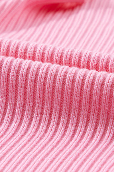 Chic Women's Pink Ribbed Knit Sweater with Short Sleeves and Stylish Patch Pockets for Effortless Casual Style