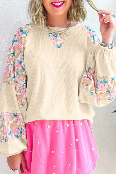 Trendy Women's Apricot Floral Patchwork Blouse with Textured Fabric and Balloon Sleeves for Effortless Style