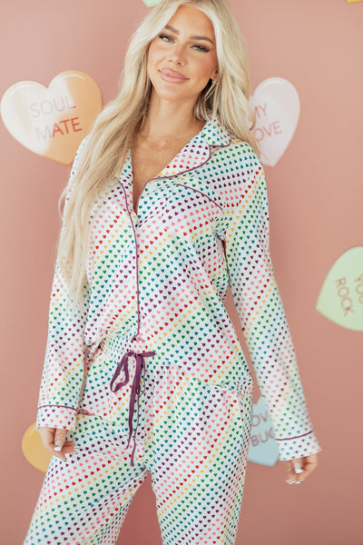 Women's Rainbow Heart Print Long Sleeve Pajama Set