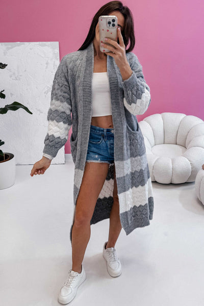 Cozy Women's Gray Color Block Long Cardigan with Side Pockets - Stylish Open Front for Effortless Casual Wear