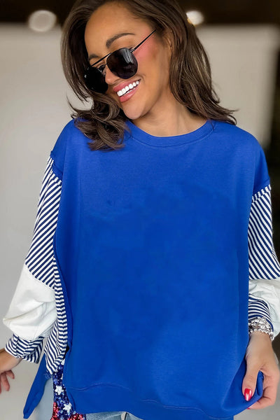 Cozy Women's Dark Blue Colorblock Sweatshirt with Trendy Patchwork Sleeves Stylish Casual Top for Year-Round Wear