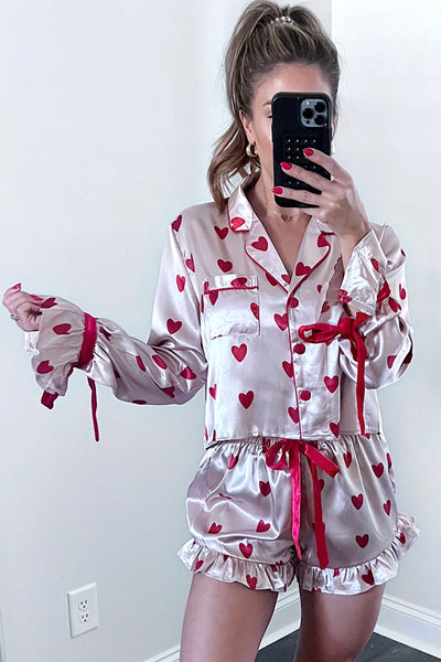 Women's Silky Pink Heart Print Pajama Set with Ruffled Long Sleeves and Contrast Ribbon Tie, Perfect for Cozy Nights