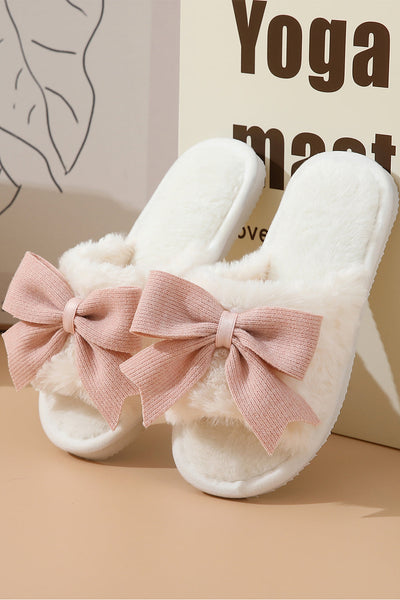 Women's Plush White Open-Toe Slippers with Dusty Rose Bow
