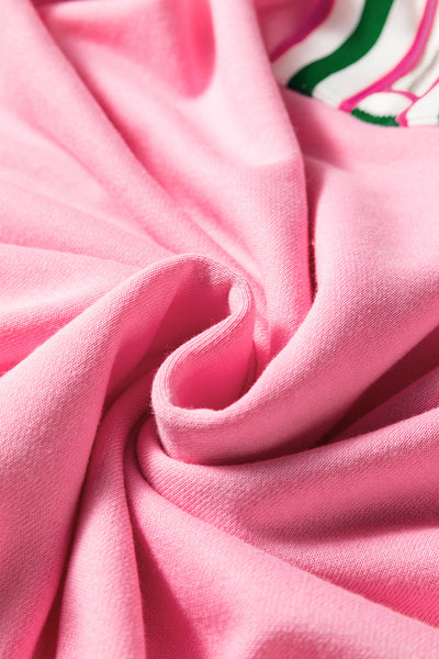 Women's Pink Contrast Striped Pullover Sweatshirt with Zip Collar for Stylish Casual Comfort and Layering
