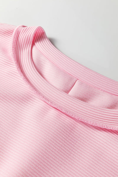 Women's Pink Ribbed Drop Shoulder Top with Exposed Seams