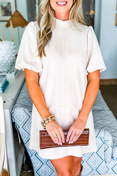 Women's Ruffle Neck Puff Sleeve Shift Dress in Cream Faux Suede