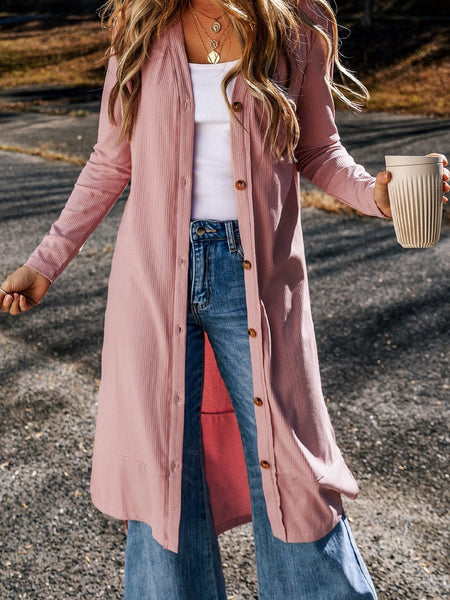 Pink Ribbed Button-Up Duster Cardigan with Side Splits