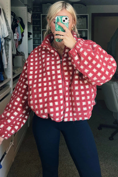 Cozy Women's Red Plaid Zip-Up Winter Coat - Plush Fabric for Warmth & Stylish Cold Weather Comfort
