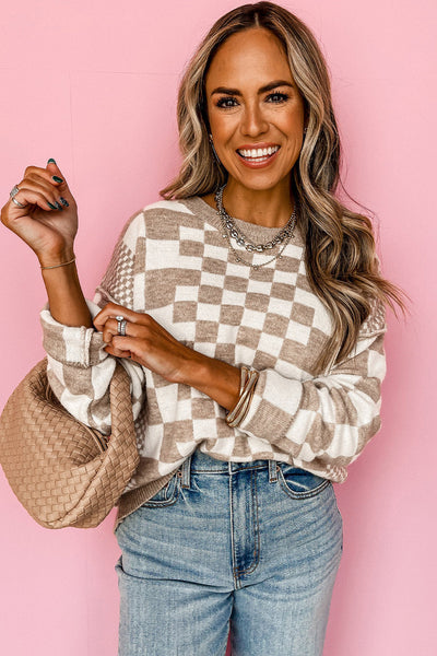 Cozy Women's Khaki Checkered Drop Shoulder Sweater - Casual Chic Round Neck Pullover for Effortless Style