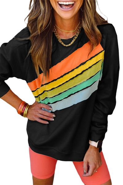 Womens Cozy Black Rainbow Colorblock Striped Pullover Sweatshirt - Casual Everyday Style for Comfort and Fashion