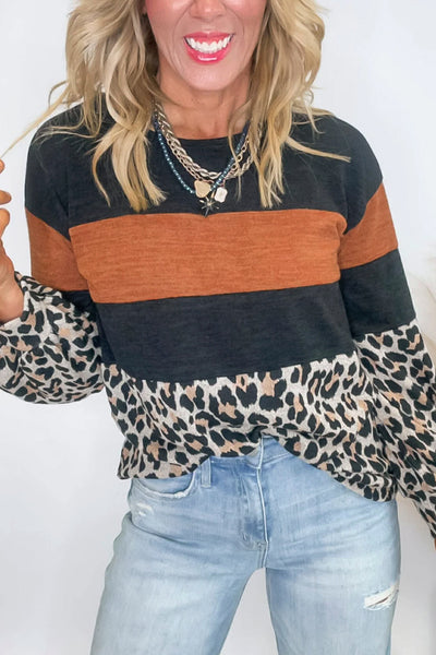 Trendy Women's Casual Black Color Block Leopard Print Top - Stylish Long Sleeve for Comfortable Everyday Wear