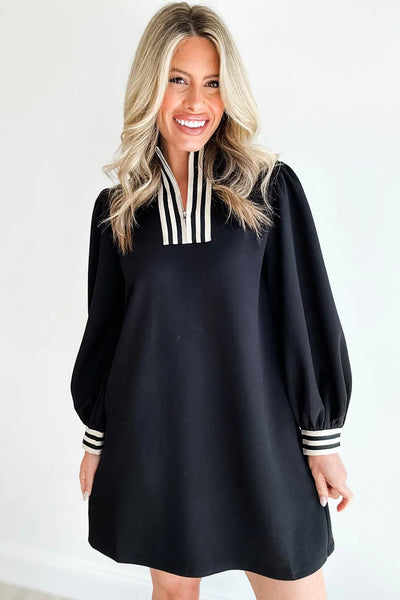 Trendy Women's Black Striped Patchwork Mini Dress with Zip Neck Long Sleeve Shift Style for Chic Casual Outings