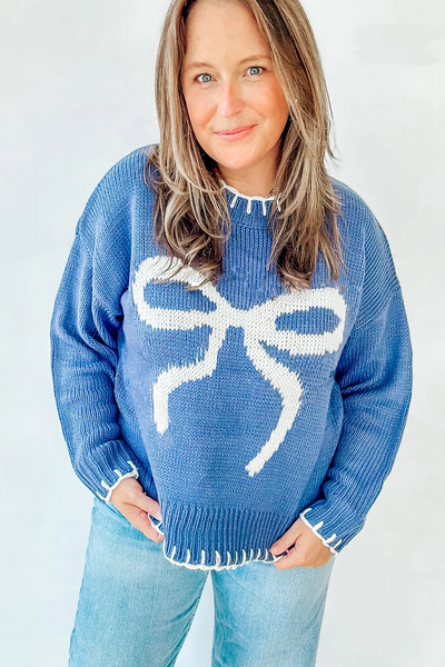 Cozy Plus Size Women's Peacock Blue Sweater with Chic Contrast Trim and Bow Pattern for Trendy Fall Fashion