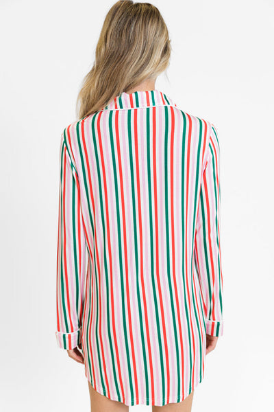 Cozy Women's Pink Stripe Long Sleeve Christmas Lounge Dress - Casual Holiday Style for Ultimate Comfort