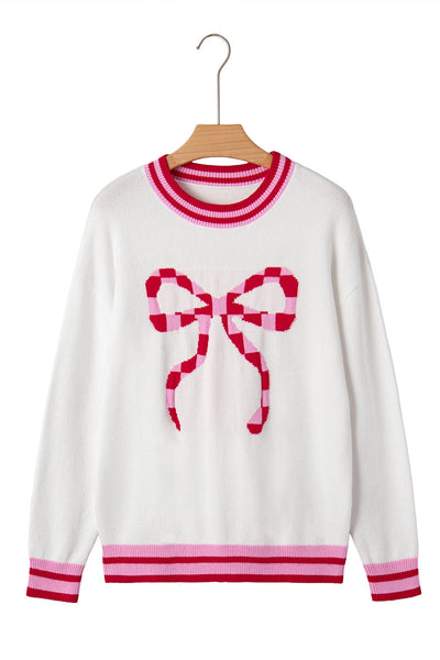 Women's Intarsia Bow Graphic Knit Sweater in White and Crimson
