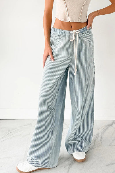 Stylish Women's Sky Blue Wide Leg Patchwork Jeans with Contrast Stripes and Adjustable Drawstring for a Perfect Fit