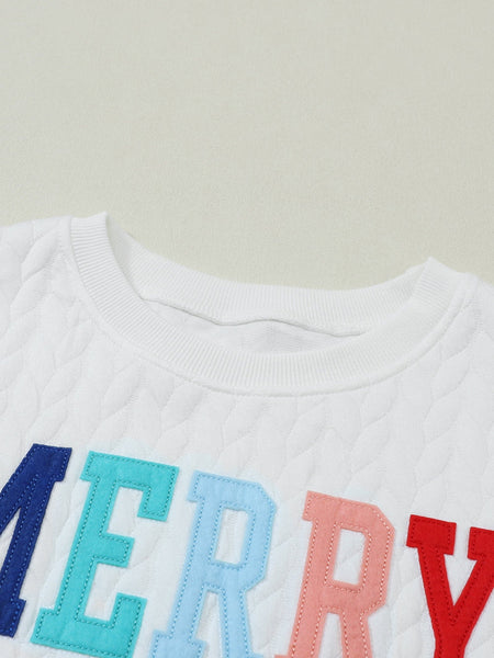 Cozy White Cable Knit Pullover with Merry and Bright Slogan