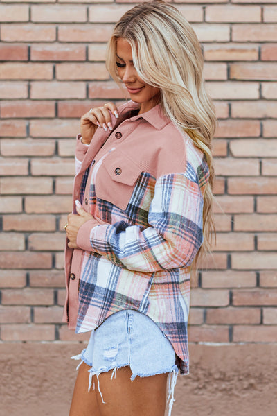 Stylish Women's Light Pink Plaid Corduroy Shacket with Patchwork Design and Chest Pocket for Trendy Layering