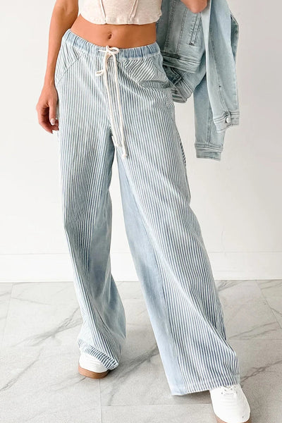 Stylish Women's Sky Blue Wide Leg Patchwork Jeans with Contrast Stripes and Adjustable Drawstring for a Perfect Fit