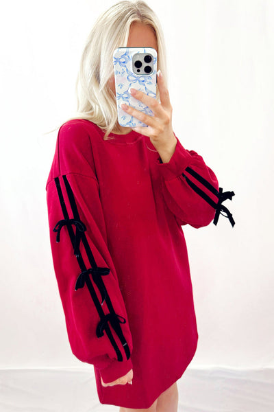 Women's Effortless Casual Tunic Dress in Racing Red with Striped Bow Detail and Drop Shoulder Design