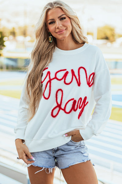 Women's Cozy White Graphic Sweatshirt with Drop Shoulders - Stylish Casual Wear for Game Day and Everyday Comfort