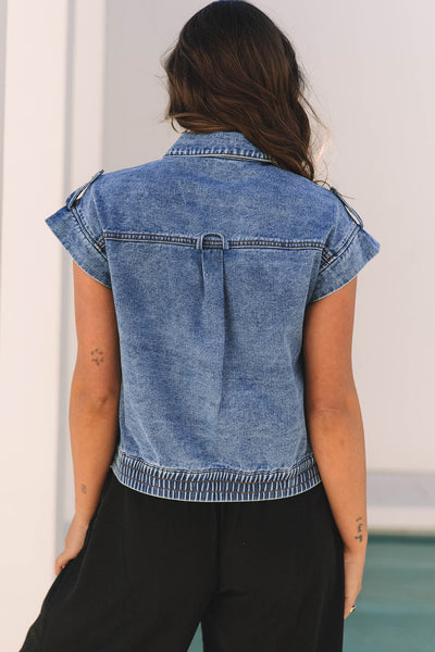 Trendy Women's Blue Acid Wash Denim Vest with Elastic Hem & Button Closure - Stylish Casual Layering Essential
