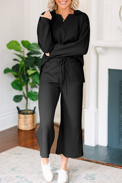 Chic Women's Black Textured V-Neck Collared Top with Wide Leg Pants Set - Stylish, Comfortable Outfit for Casual Outings