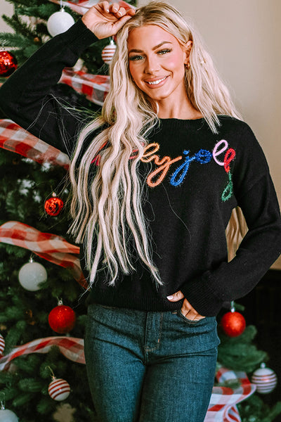 Cozy Black Round Neck Sweater for Women - Casual Fit, Winter Essential for Holiday Cheer and Everyday Style