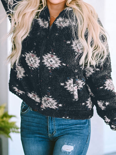 Western Black Aztec Sherpa Jacket with Zipper Collar