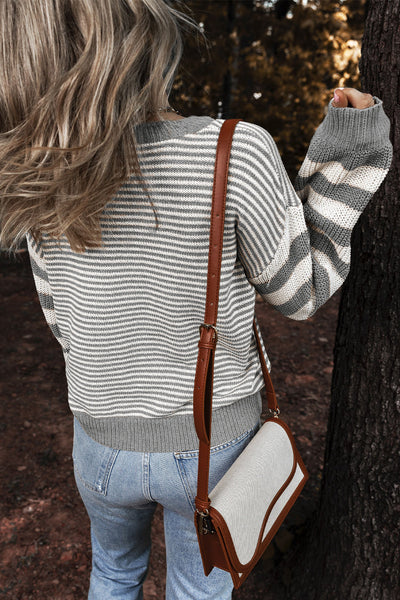 Cozy Women's Gray Striped Drop Shoulder Sweater with Geometric Texture for Effortless Casual Style