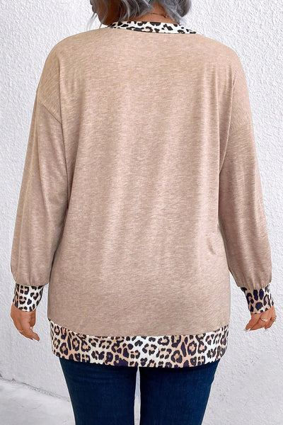 Women's Plus Size Leopard Trim V-Neck Tunic Top in Taupe