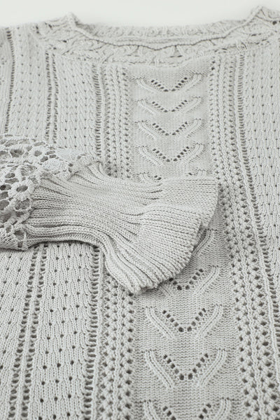 Women's Elegant Gray Crochet Lace Sweater - Cozy Long Sleeve Knit Top for Chic Fall Style and Comfort