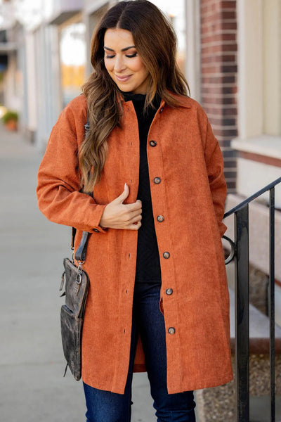 Chic Women's Oversized Gold Flame Corduroy Shacket with Side Slits - Trendy Layering Essential for Stylish Fall Outfits