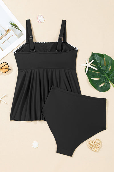 Black Fit-and-Flare Ricrac Trim Tankini Swimsuit Set with practical styling and dependable silhouette control.
