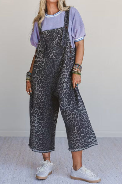 Stylish Women's Gray Leopard Print Denim Jumpsuit with Adjustable Straps - Relaxed Fit for Casual Chic Days