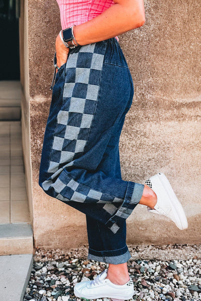 Women's Sail Blue Checkered Side Panel Denim Pants