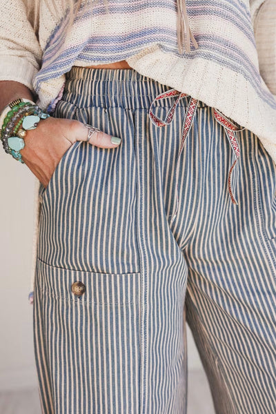 Women's Blue Ticking Stripe Wide-Leg Utility Jogger