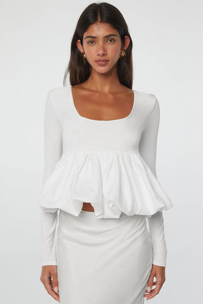 Stylish Women's White U-Neck Long Sleeve Top with Bubble Hem - Versatile for Casual and Dressy Occasions