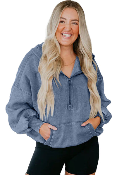 Women's Cozy Ashleigh Blue Mineral Wash Baggy Hoodie with Half Zip & Kangaroo Pocket - Casual Chic Comfort Wear