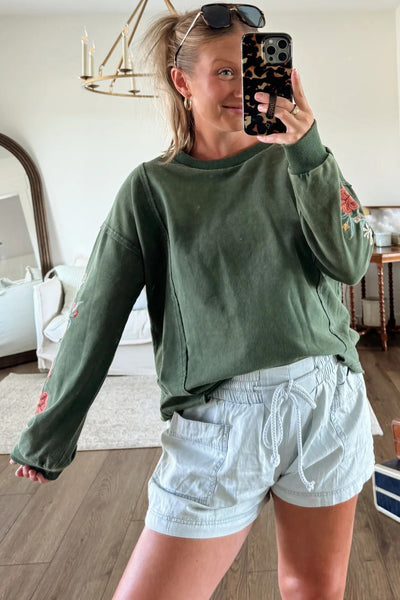Women's Casual Mist Green Floral Embroidered Sweatshirt with Drop Shoulders and Raw Edge Detail
