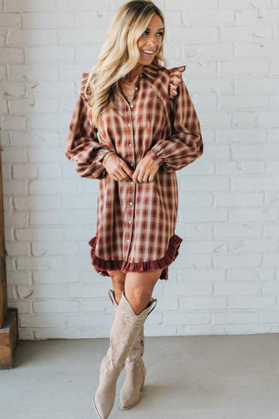 Stylish Women's Red Plaid Ruffled Mini Dress with Long Sleeves and Trendy Patchwork Hem for Casual Summer Outings