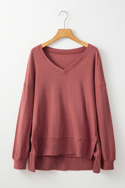 Racing Red V-Neck Tunic Top for Women - Loose Fit Blouse with Side Slits for Casual Chic Style