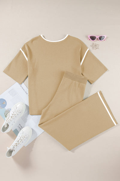 Women's Camel Knit Half-Sleeve Top and Wide-Leg Drawstring Pant Set