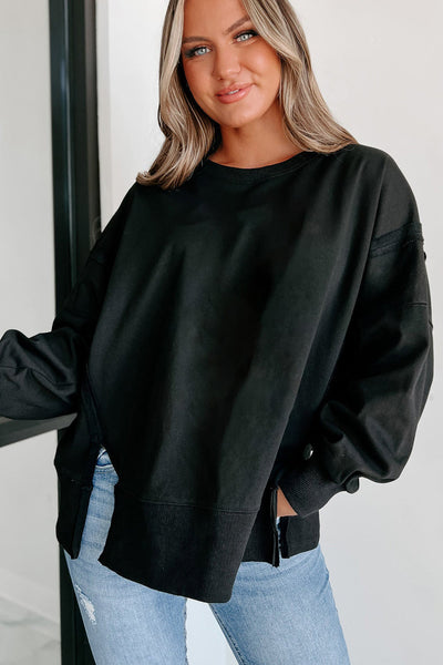 Women's Black Drop Shoulder Sweatshirt with Exposed Seams and Side Slits - Casual, Cozy Fit for Everyday Style