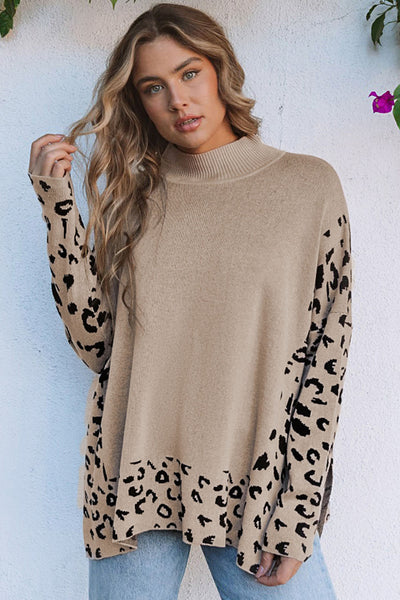 Trendy Women's Oversized Khaki Leopard Print Sweater with High Neck and Side Slits for Cozy Style made for easy styling and wardrobe coordination,
