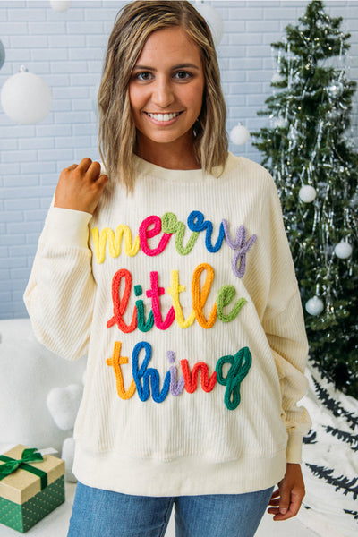 Beige Ribbed Loose Sweatshirt for Women with Corded Letter Graphic - Cozy Casual Top for Effortless Everyday Style