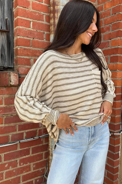 Cozy Women's Green Stripe Dolman Sweater with Pocket - Chic Casual Knit Top for Effortless Everyday Style