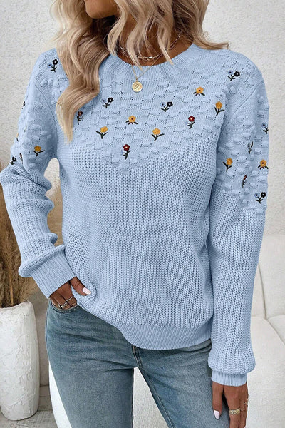 Women's Beau Blue Casual Sweater - Stylish Mixed Texture with Flower Embroidery for Comfortable Everyday Wear