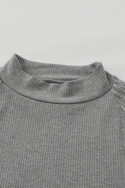 Women's Ribbed Grey Crewneck Top with Sheer Striped Mesh Sleeves
