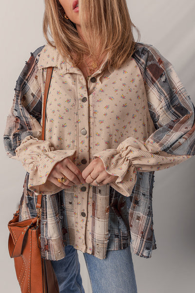 Women's Boho Floral Patchwork Shacket in Ashleigh Blue with Ruffled Sleeves & Distressed Knit Detail for Trendy Layering